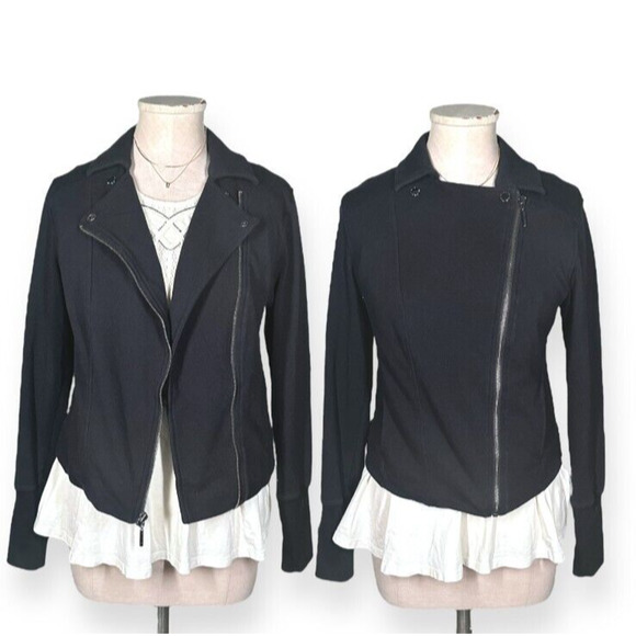 H BY HALSTON Moto Biker Style Jacket French Terry Draped Stretch Zip Up Black 8 - Picture 12 of 12